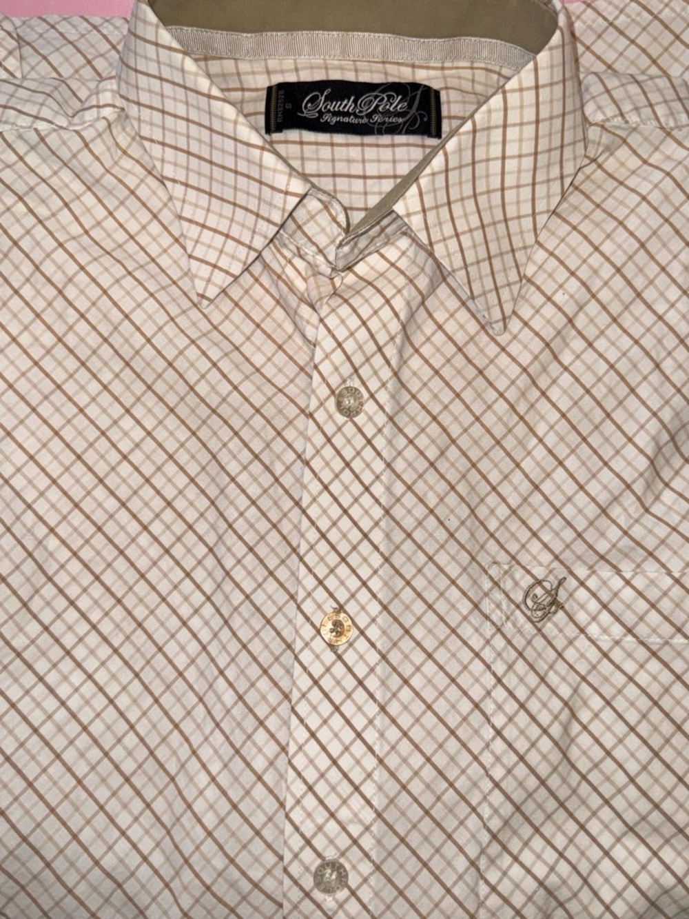South Pole Men’s White and Beige Plaid Button-Down Shirt